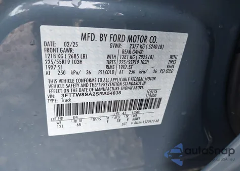 2025 Ford Maverick Lariat из США, поврежденный, VIN 3FTTW8SA2SRA54838